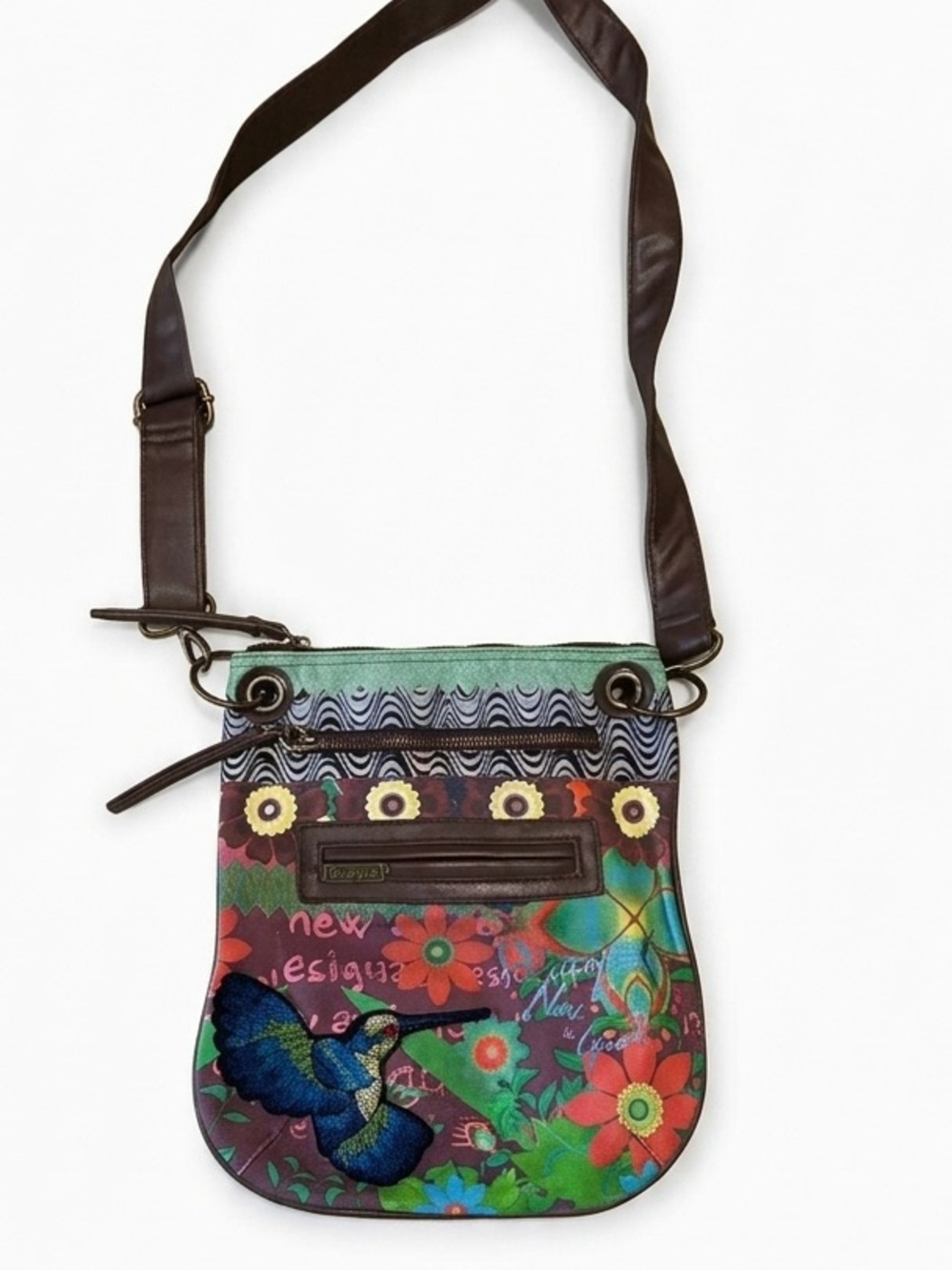 Desigual Multicolor Floral & Hummingbird Crossbody Bag with Brown Strap